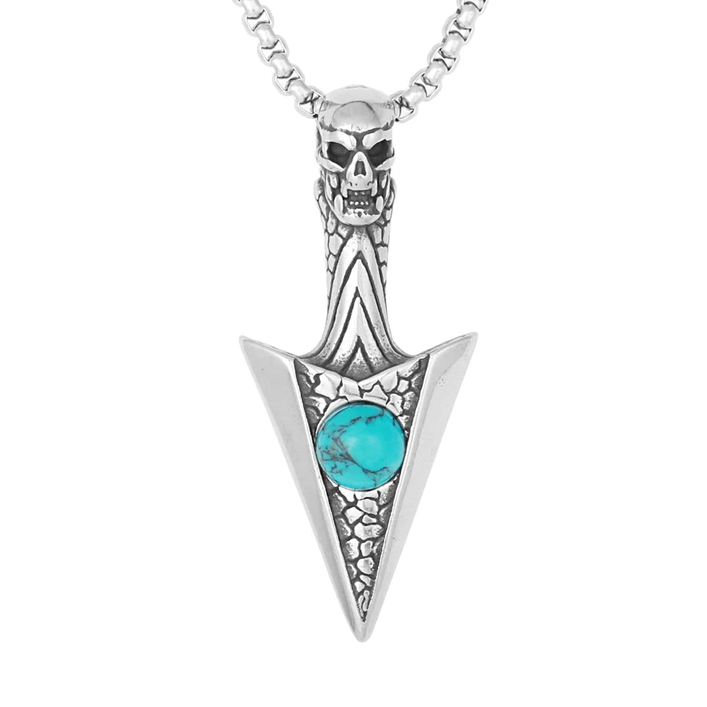 Hip Hop Gothic Turquoise Jewelry Vintage Stainless Steel 3D Design Skull Triangle Arrow Spearhead Pendant for Necklace