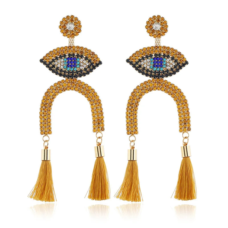 Fashionable and Simple Goddess Earrings Golden Yellow Claw Chain Eyes U-shaped Long Tassel Earrings