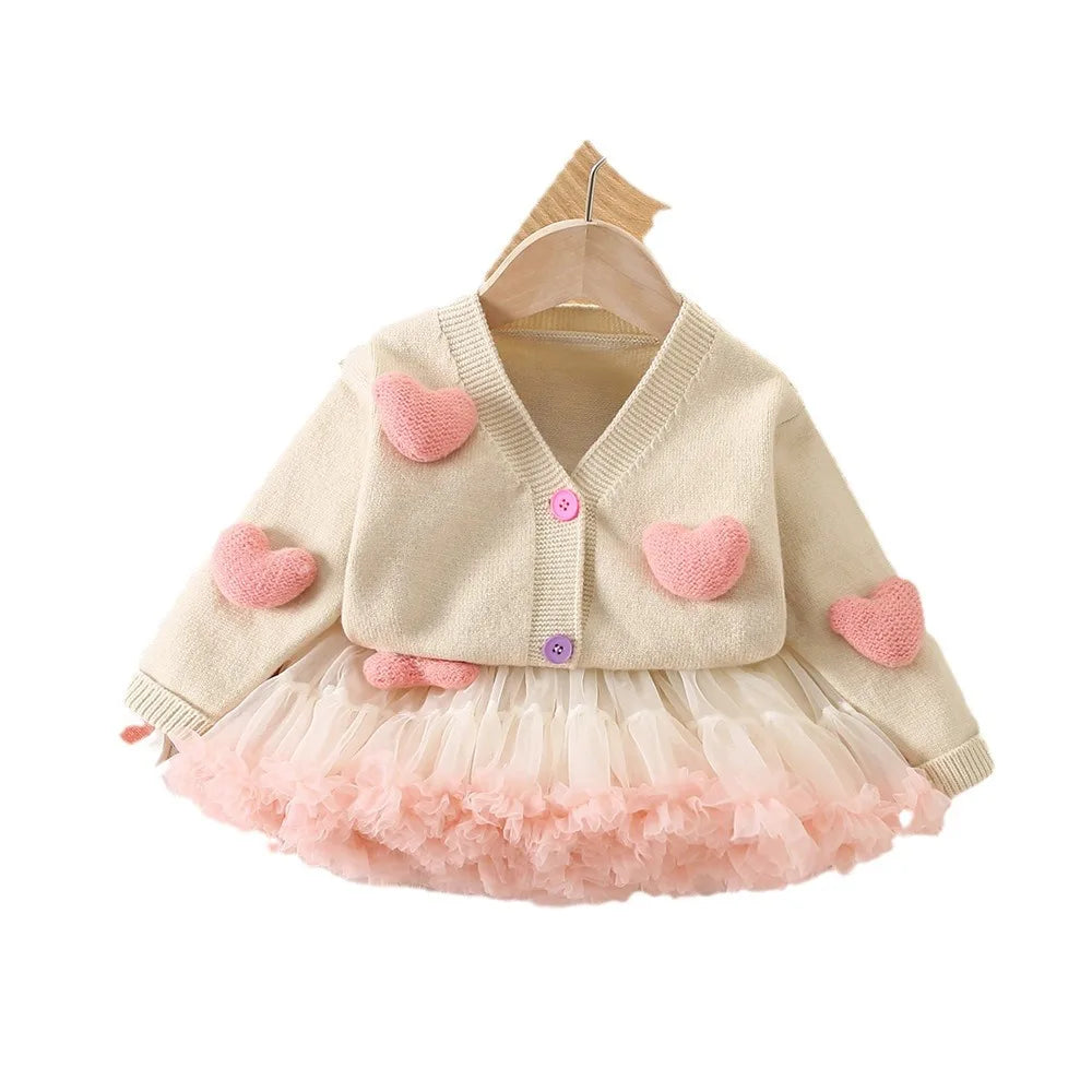 Super Lovely and Fashionable Girl Clothing Set Knitted Coat With 3D Heart Decorations + Tulle Skirt