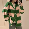 OEM/ODM Custom Style Soft Green Pink Plush Sweater Coat for Women Striped Knitted Button Cardigan Casual Winter Logo on Front