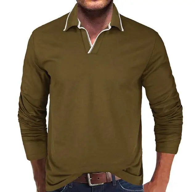 New Men Long Sleeve Solid Color V-neck Polo Collar T-shirt Golf Polo Shirt Men's Pullover T-shirt