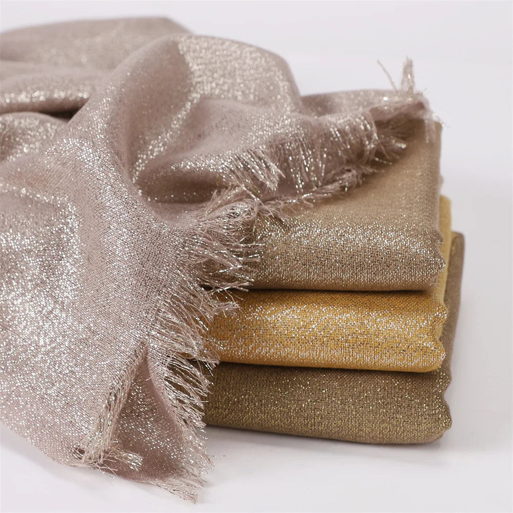 Sharut Wholesale Pure Color Man-made Cotton Gold and Silver Silk Two Short Bearded Head Shawl Women Scarf Muslim Hijab