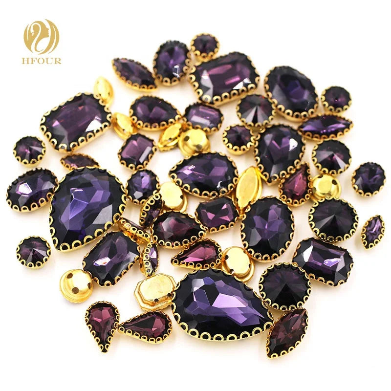 Hot Sale Deep Purple Mixed Crystal Sew-on Rhinestones Loose Golden Lace Claw for DIY Dress for Embellishing Your Own Clothing