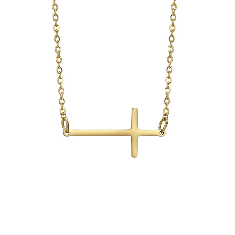 Waterproof 18K Gold Plated Cross Necklace for Women Girls Fashion Stainless Steel Sideways Cross Charm Gold Necklace for Women