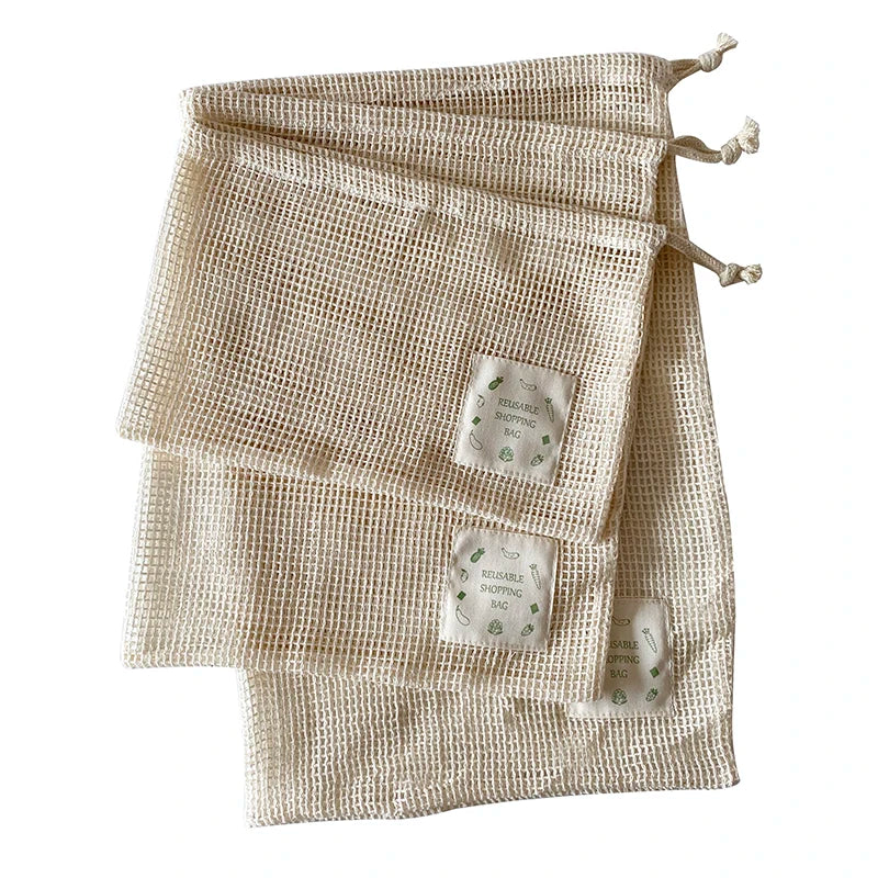 Custom Label Eco-friendly Reusable Drawstring Cotton Net Shopping Produce Bags for Vegetable Fruits Storage