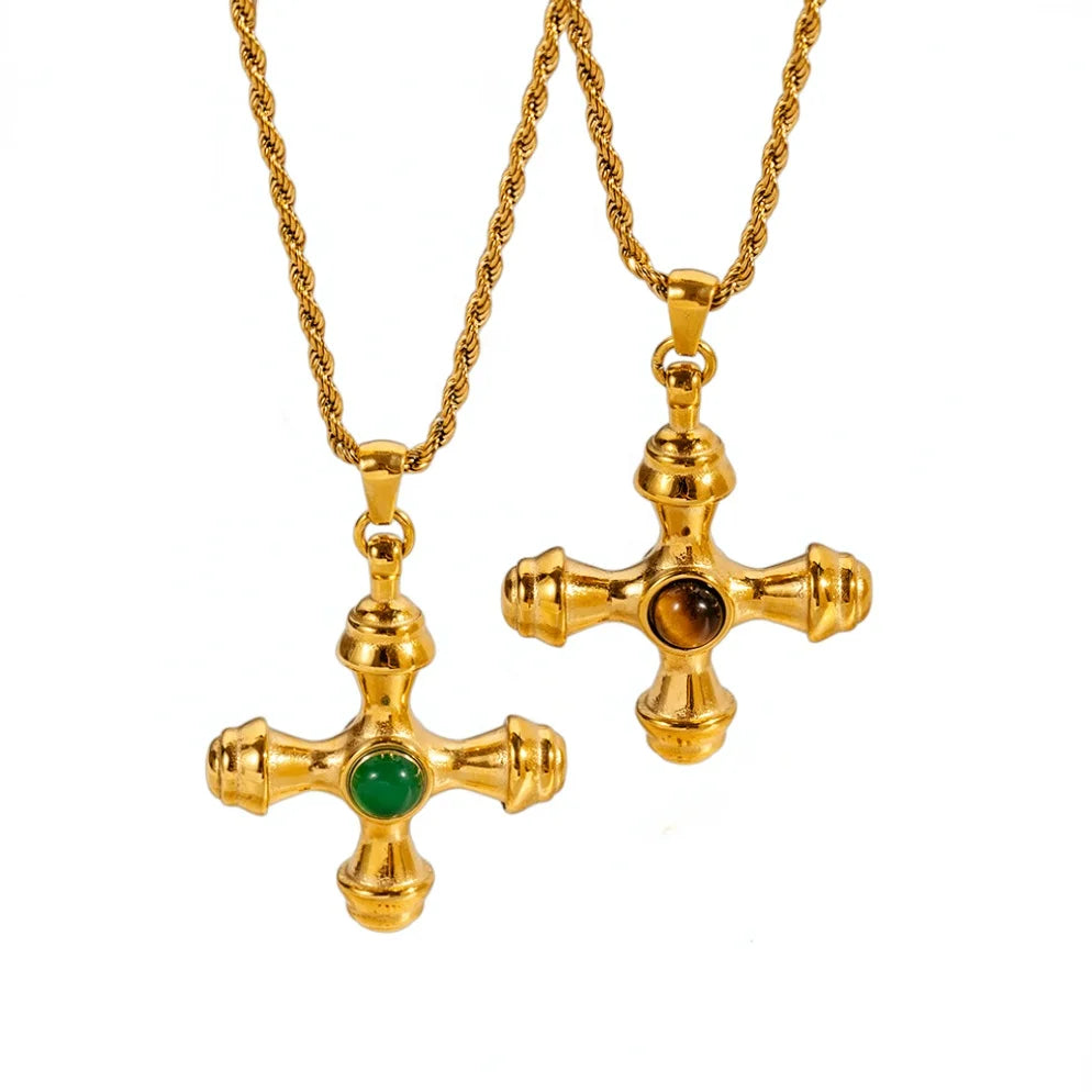 Fashion Jewelry Wholesale Customized PVD 18K Gold Stainless Steel Cross Necklace Stainless Steel Tiger Eye Pendant Necklace