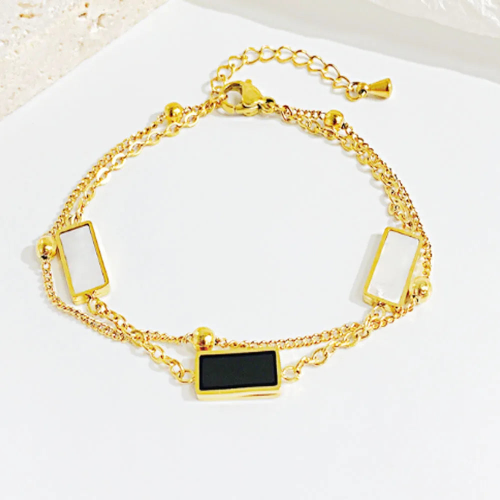 Stainless Steel Double Layers Hand Bracelet 18k Gold Plated Rectangle 3d Charm Roman Light Luxury Design Bracelets Jewelry