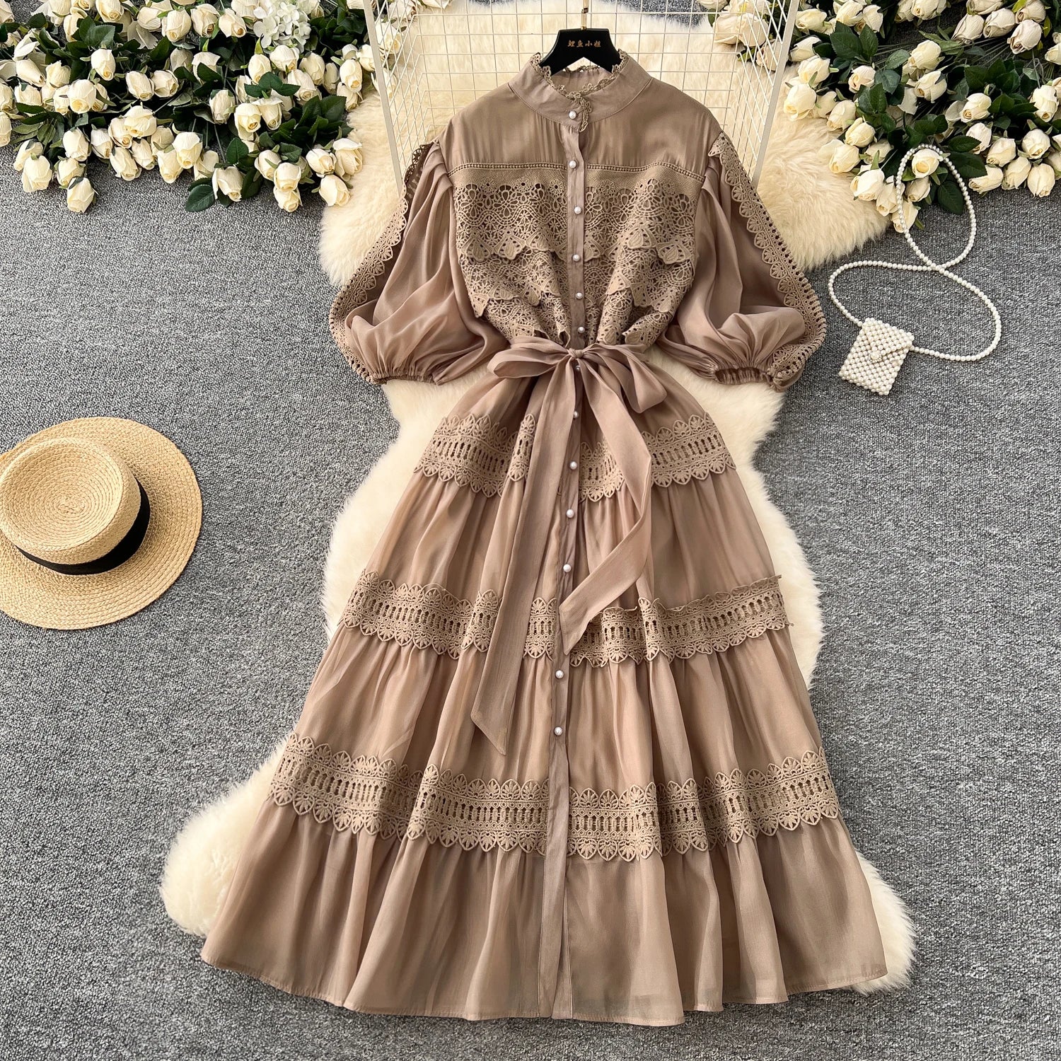 2025 Spring LW1308 Women'S Dress With Tie-Waist Puff Sleeves and Lace Panels Elegant Long Dress Ladies Clothes