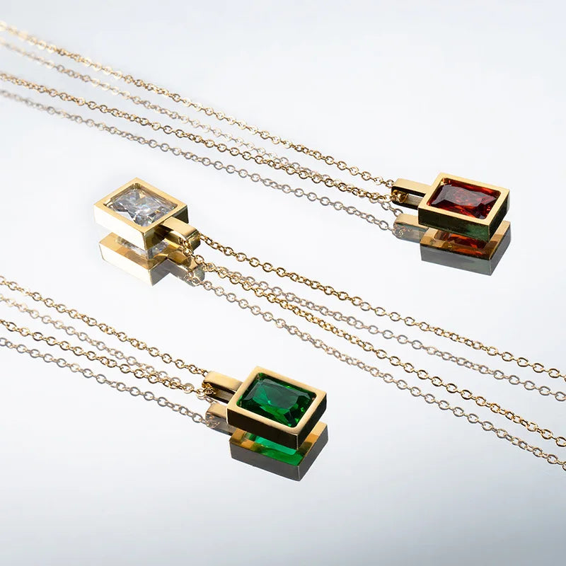 France Luxury 14K Gold Plated Zircon CZ Necklace Retro Stainless Steel Square Multi Color Zircon Necklace Jewelry for Women