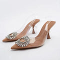 New European and American Rhinestone Pointed Shallow Mouth Transparent Semi-trailer High-heeled Sandals for Ladies  270123