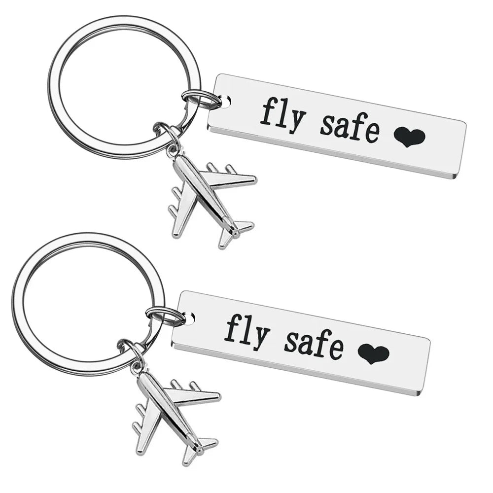 Stainless Steel Fly Safe Heart I Need You Here with Me Key Chain Custom Logo Airplane Charm Key Chain Dog Tag Key Rings