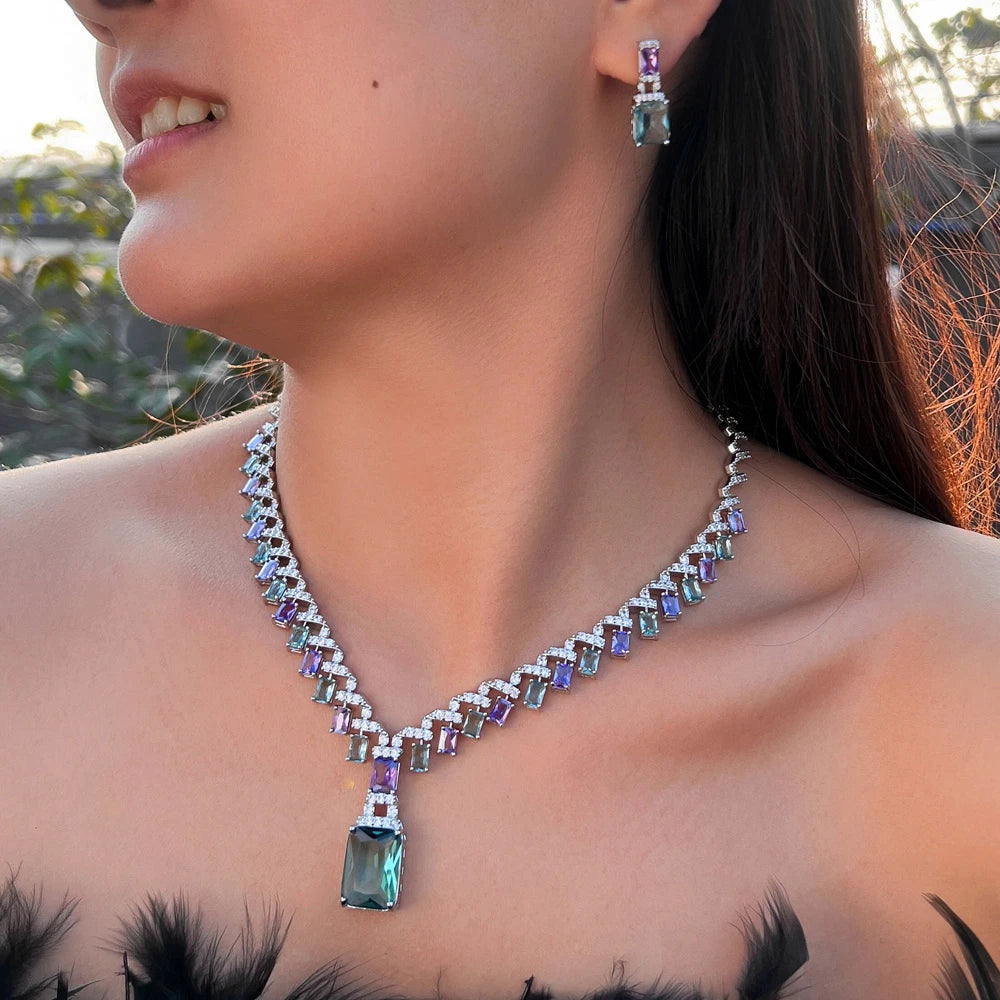 Beautiful Purple Blue Cubic Zircon Crystal Dangle Drop Bridal Wedding Necklace Earrings Party Jewelry Sets for Women MegaBDM