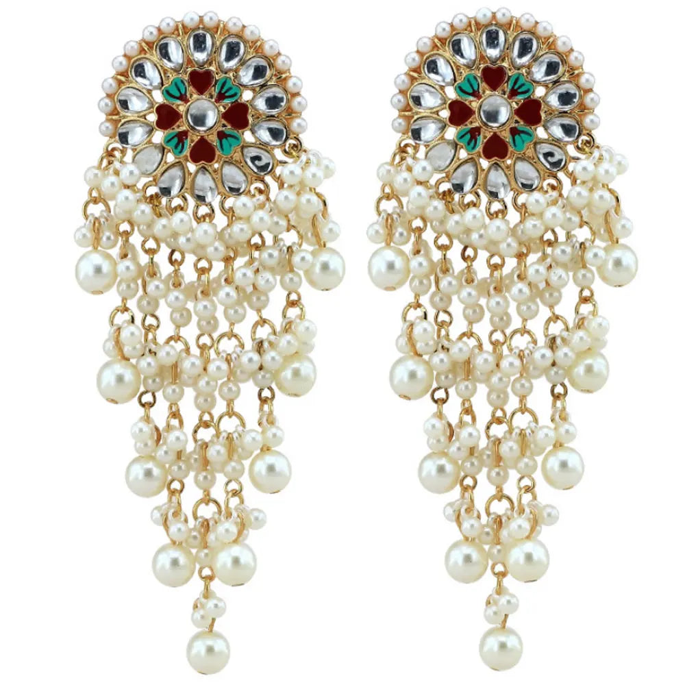 Brass Alloy Zircon Beads Paving Long Abs Pearl Beads Tassel Jumka Indian Traditional Earrings Jewelry Women