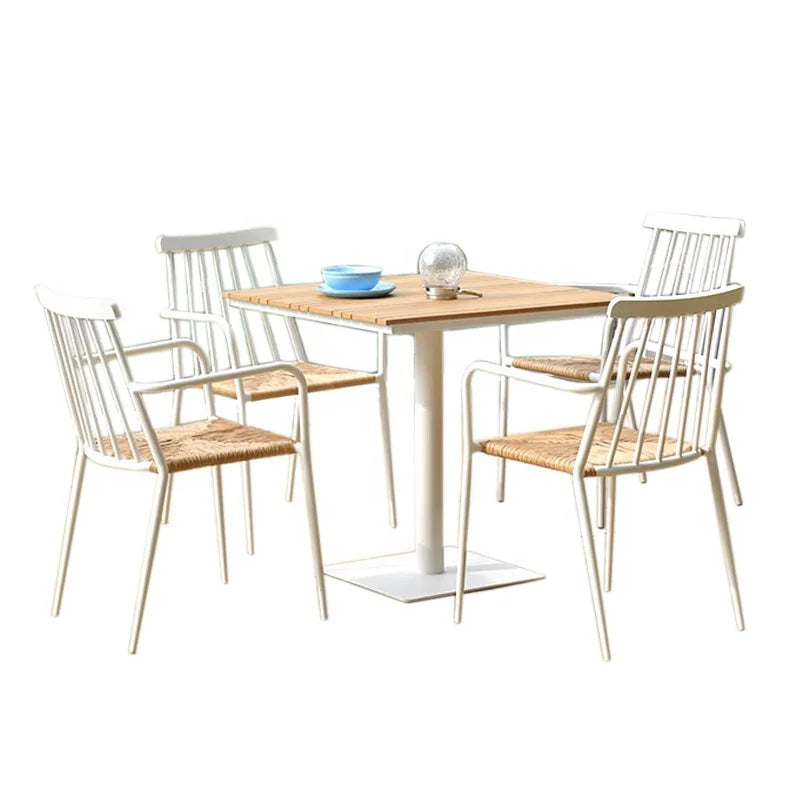 Modern Design Farmhouse Villa Eco-friendly Metal Wood Outdoor Dining Table Set with Aluminum Frame Stacking Chair