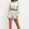 Women's 2 Pieces Set Crop Hoodie and Shorts Co Ord Set Hooded Long Sleeve Hoodie With Drawstring and Body Fit Shorts Solid Color