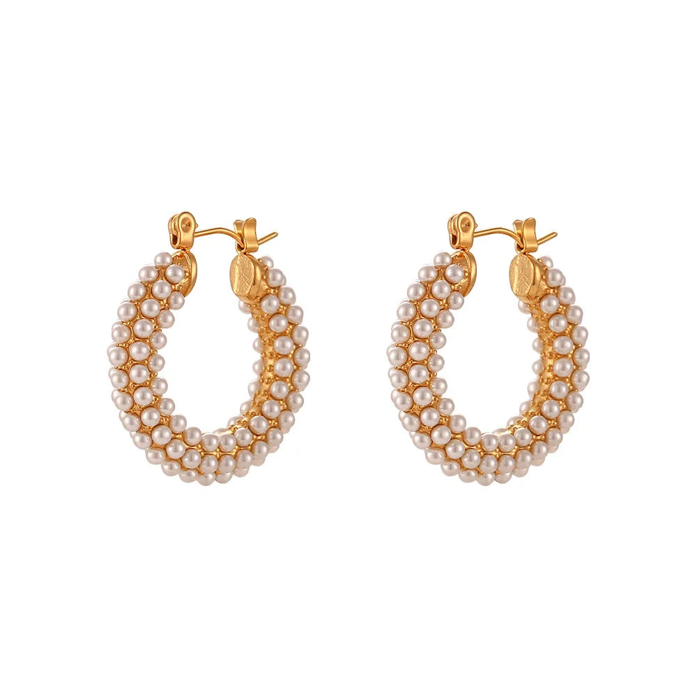 Dainty Hoop 18K Gold Plated Pearls Dangle Earrings Wholesale Stainless Steel Fancy Earrings for Women
