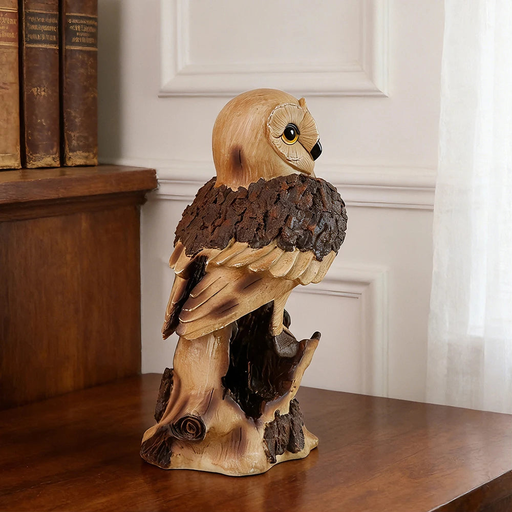 Owl on Tree Stump Figurine Resin Wood Look Owl Statue for Home Garden Decor