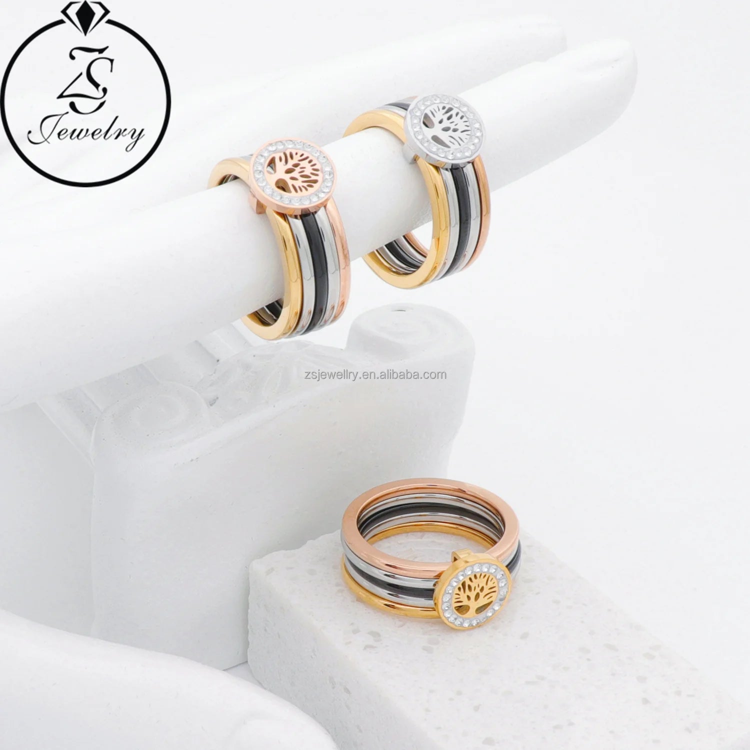 Plastic Gold Plated Silver Stainless Steel Jewelry Factory Price Wholesale Geometric Stone Three Color Engagement Design Ring