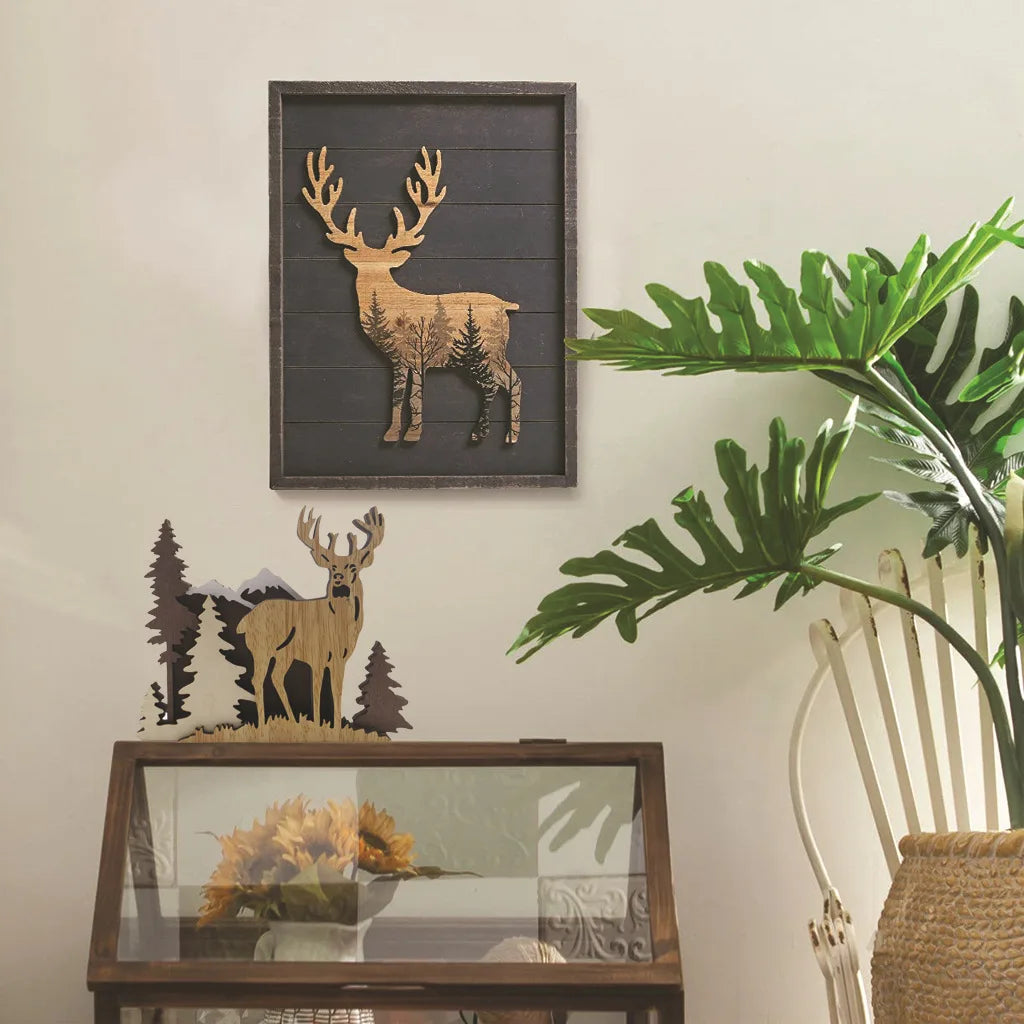Wooden Deer Art Rustic Animal Wood Statues and Figurines Multilayer Woodland Elk Silhouettes Sculptures Decoration Home Decor