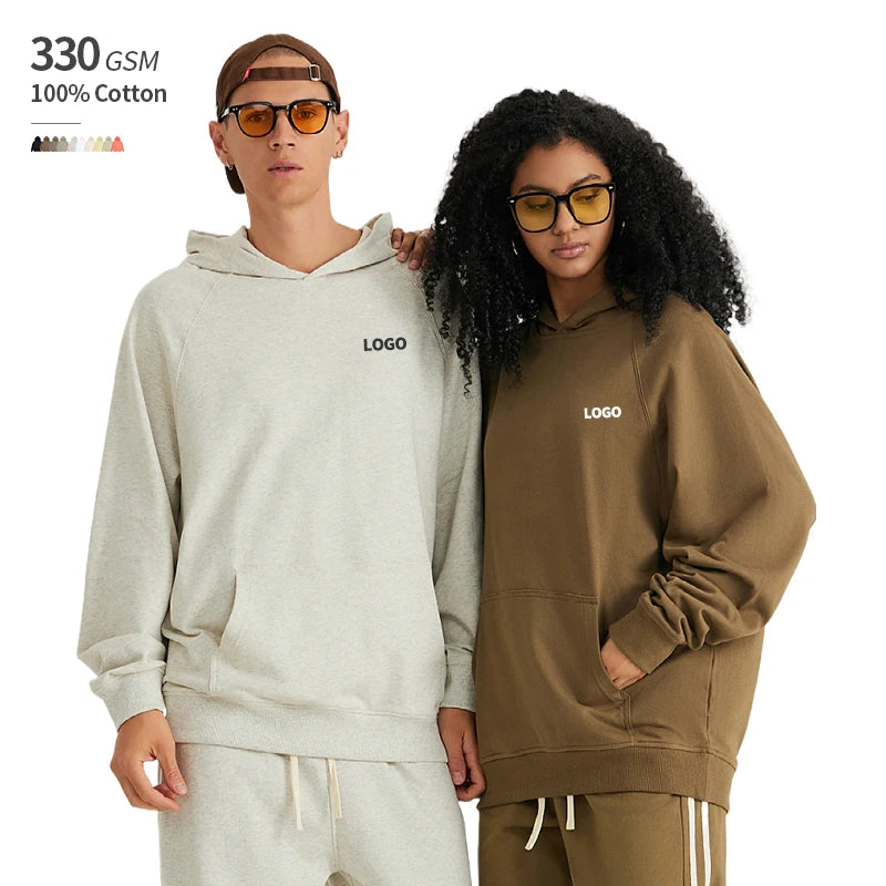 US Size 330 GSM 100% Cotton Oversize Custom Logo Without Hat Rope Raglan Terry Fabric Lining Pocket Pull Over Hoodie