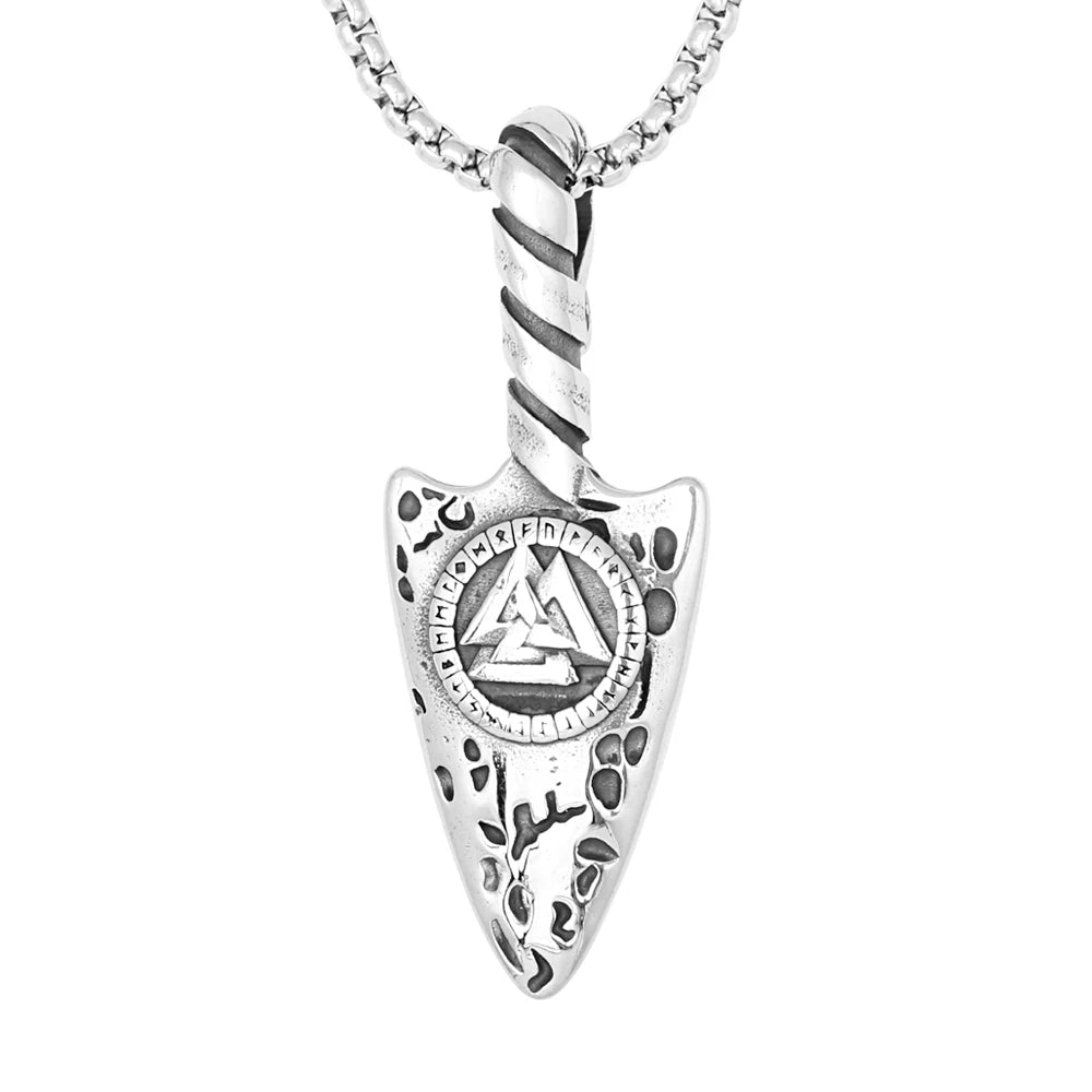 3D Design Vintage Nordic Viking Stainless Steel Gungnir Hammer Valknut Rune Spearhead Compass Pendant Necklace for Men Jewelry