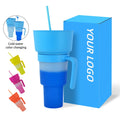 Wholesale Reusable Hot Sale 900ML Cold Color Changed Water Tumbler Plastic Stadium Tumbler with  Handle Straw and Snack Lid