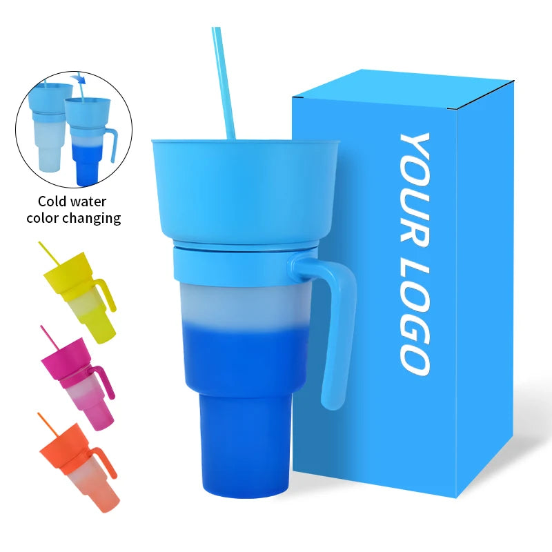 Wholesale Reusable Hot Sale 900ML Cold Color Changed Water Tumbler Plastic Stadium Tumbler with  Handle Straw and Snack Lid