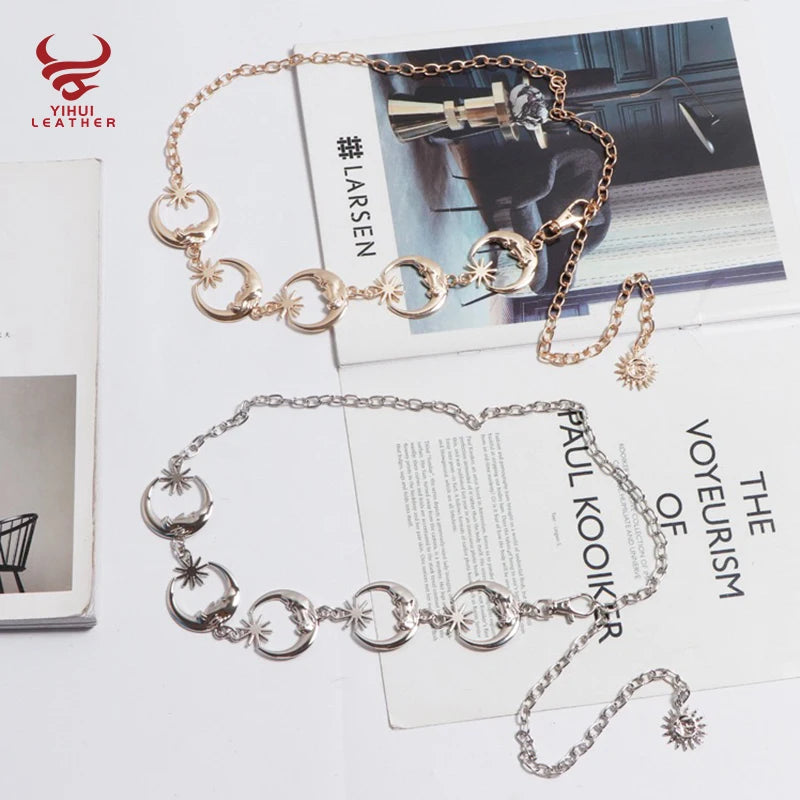 Designer Fashion Punk Moon Metal Golden Belts Dresses Pendant Belts Women Metal Chain Belt