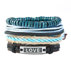 Men's 4pcs/Set DIY Genuine Leather Antique Silver Plated Adjustable Length Geometric Design Handmade Braided Charm Bracelets