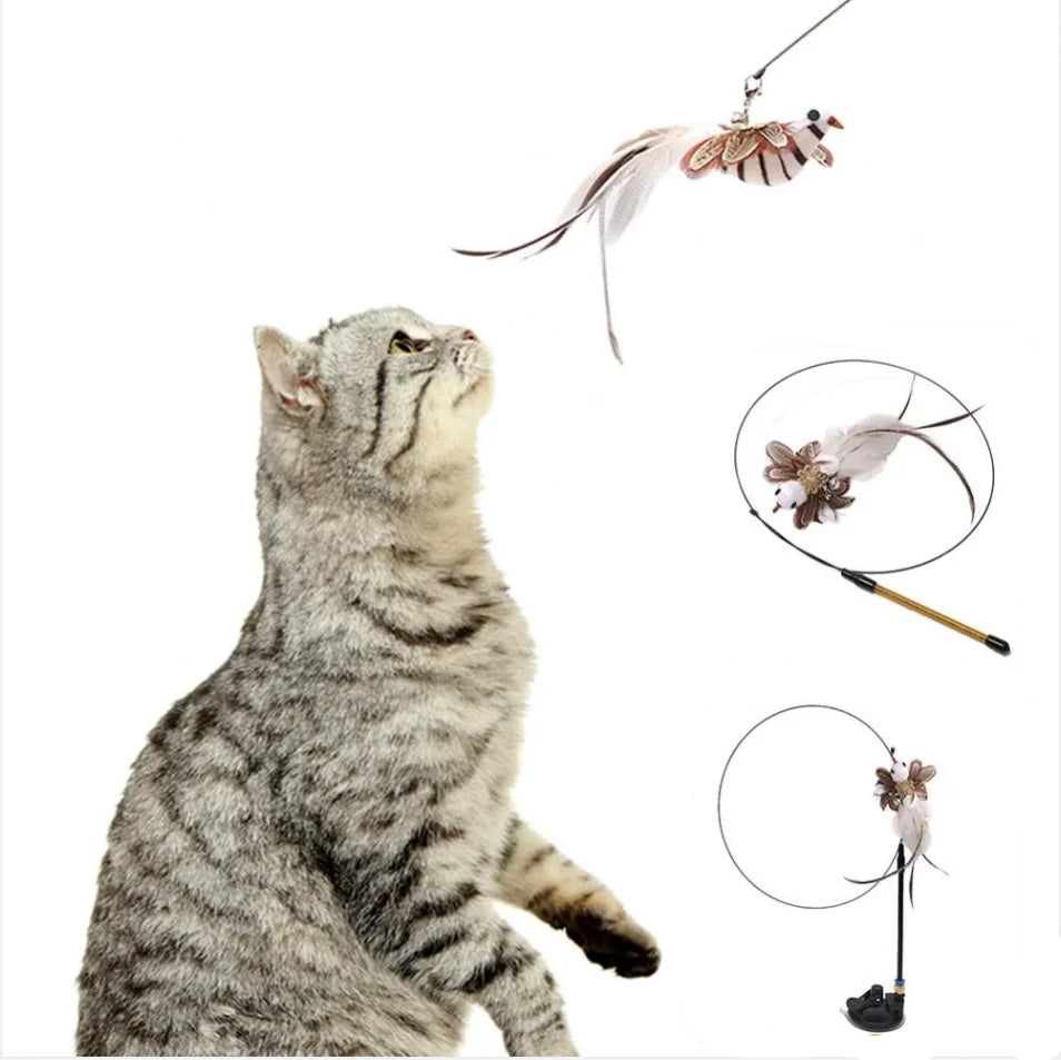 Self-play Bite-Resistant Steel Wire Suction Cup Cat Teaser Toy With Feather and Bell Feather Cat Toy
