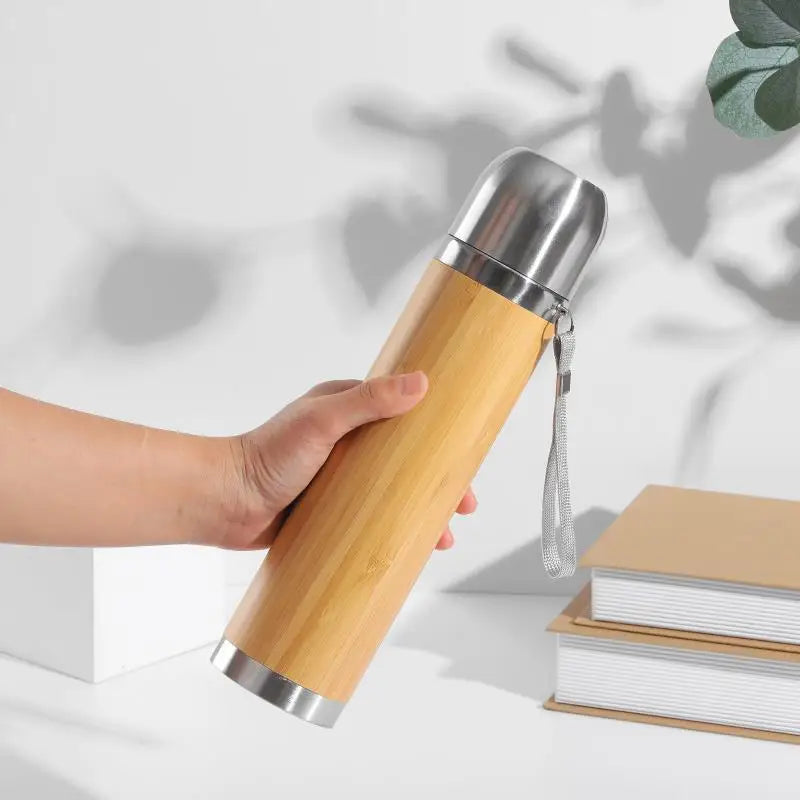 FX Factory Business Gift Tumbler Classic Style Bamboo Bullet Water Thermos with Custom Logo Printing Stainless Steel Material