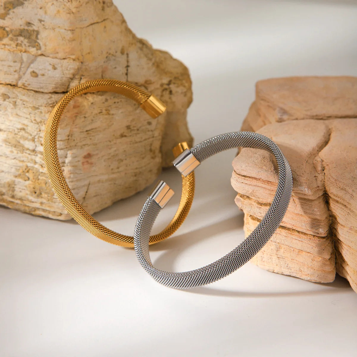 2024 Fashion 18K Gold Sliver Plated Stainless Steel Cuff Simple Mesh Bracelet Bangle for Women