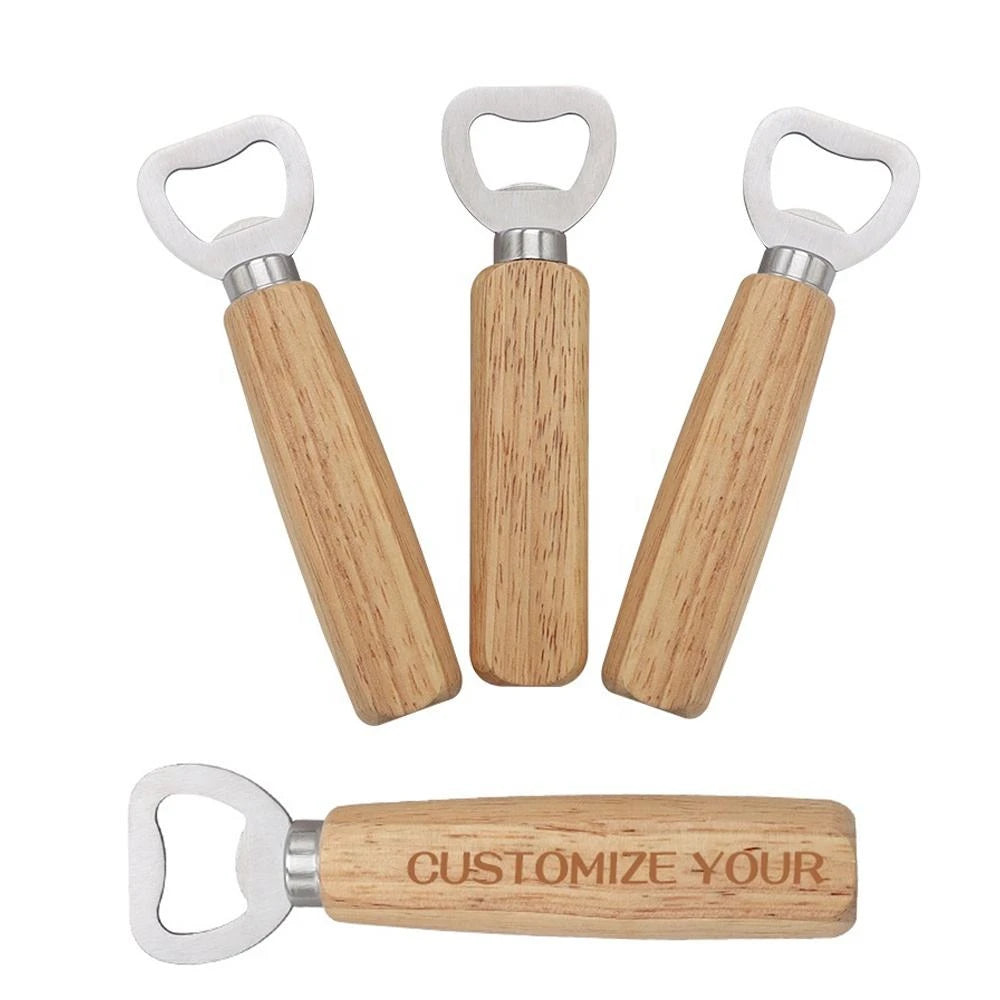 Custom Wooden Handle Stainless Steel Bottle Opener Heavy Duty Bartender Bottle Openers Wood Engraved Logo for Wedding Gift