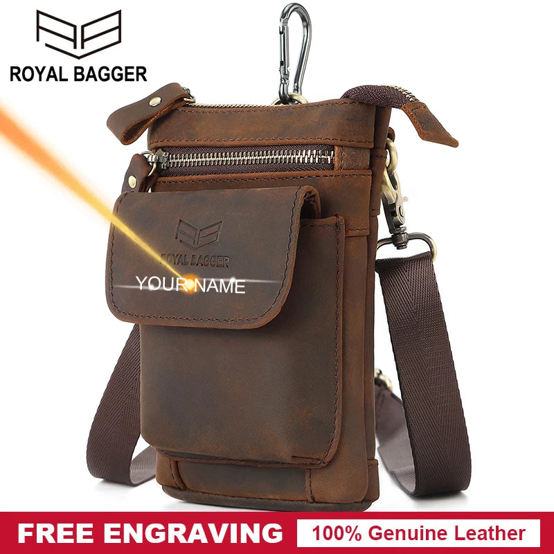 Royal Bagger Waist Pack for Men Crazy Horse Leather Male Small Sling Shoulder Bag Belt Phone Pocket Genuine Cowhide Retro Bags