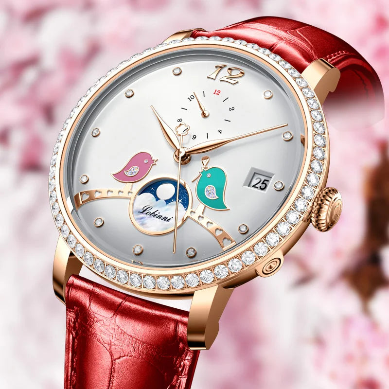 LOBINNI Women Watches Mechanical Cartoon Pattern Design Colourful Leather Strap Luxury Watch for Ladies No.2065