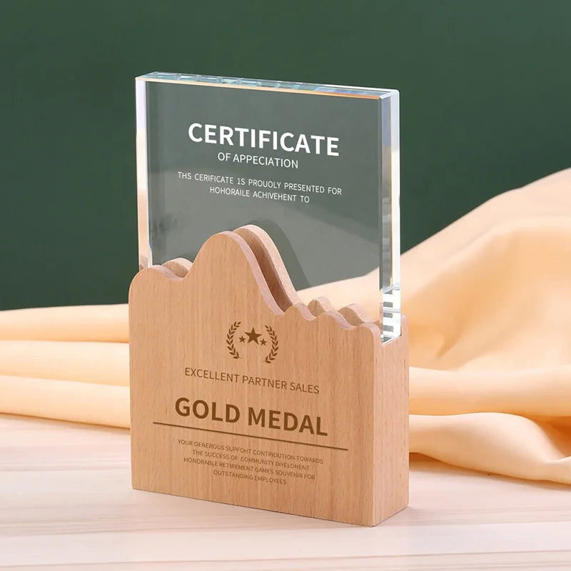 Crystal Trophy with Wooden Base Glass Crafts Gifts for Company Anniversary Customize Award Souvenirs