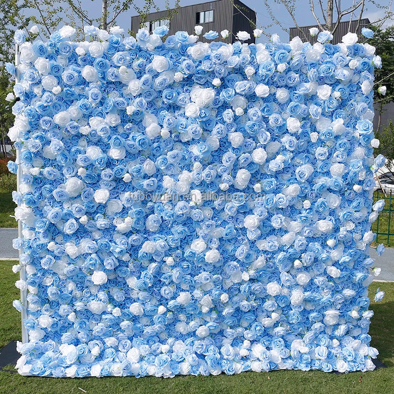 SW Wedding Decor Silk Fabric Flower Roll up Rose Heavy Duty 5D 8ft X 8ft White Blue Artificial Flower