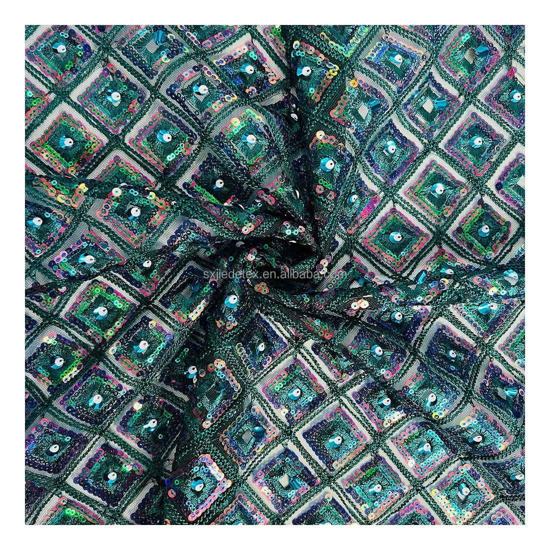 Latest Design Peacock Green Checkered Lace Clothes Sequin Embroidery Lace Fabric Scalloped Edge  Vintage Embroidery Fabric