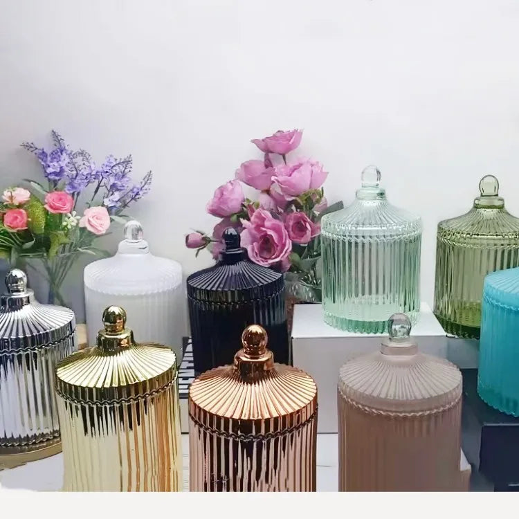 Wholesale New Style Large High Fashion Multicolor Vertical Stripes Crystal Candle Jars Container Glass With  Lid and Packaging