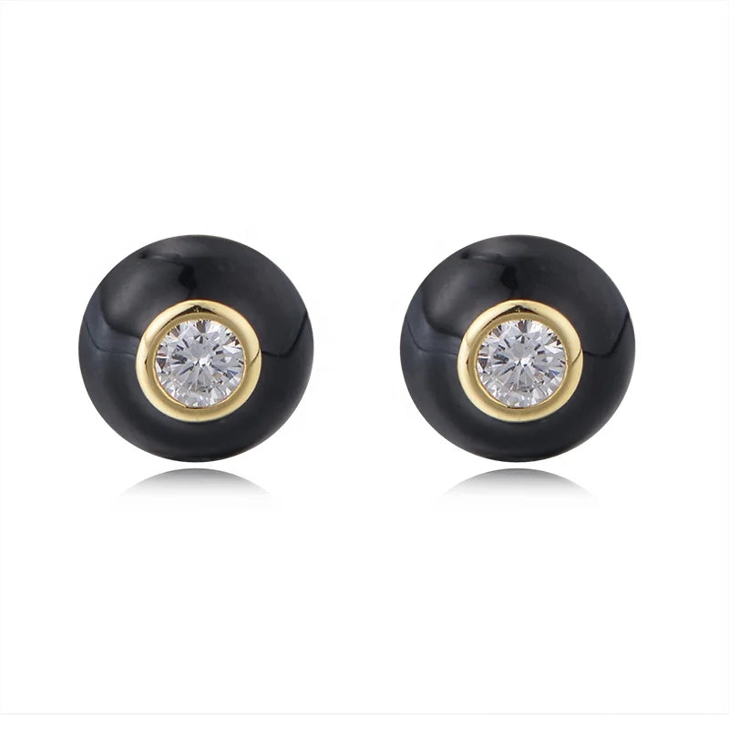 Ins Simple Design Black Oil Button Studs Fine Jewelry S925 Sterling Silver Zircon Enamel Stud Earrings for Women Girl Gift