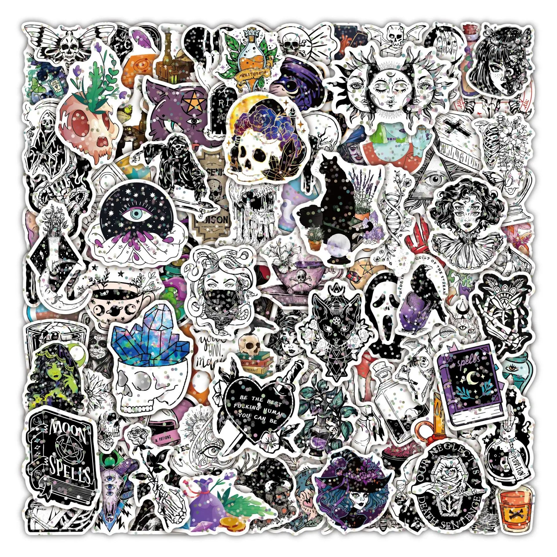 100PCS Creative Cool Holographic Glitter Gold Foil Witch Potion Horrific Witchy Apothecary Sticker