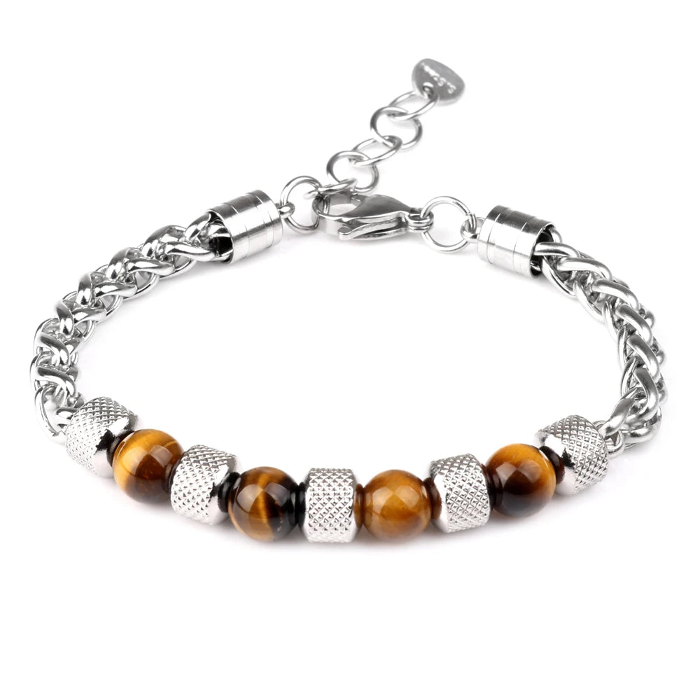Natural Tiger Eye Beads Twists Chain Stainless Steel Bracelet