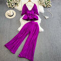 Boutique Wholesale 2026 Spring Folded Bat Sleeves V-Neck Waist Lotus Leaf Swing Top High Waist Wide Leg Pants Women's Set