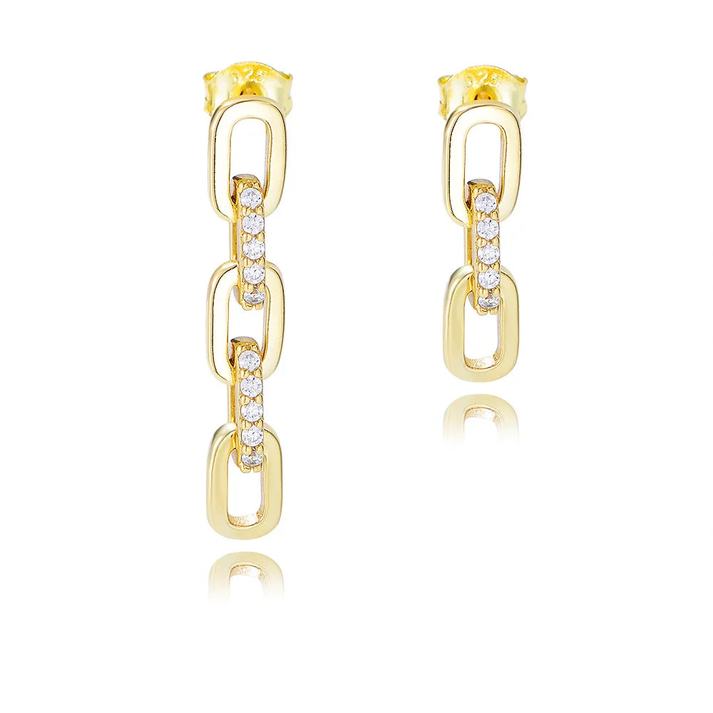 Fine Jewelry Earrings 925 Sterling Silver Punk Long and Short Chain Shaped Paper Clip Zircon Gold Plated Stud Earrings for Women