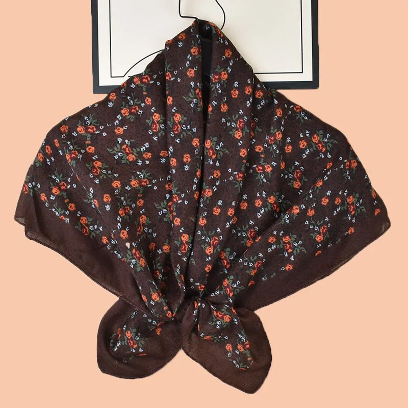 2025 Versatile Cotton Hemp & Polyester Square Scarf Small Floral Printed Voile for Women 90cm Headscarf