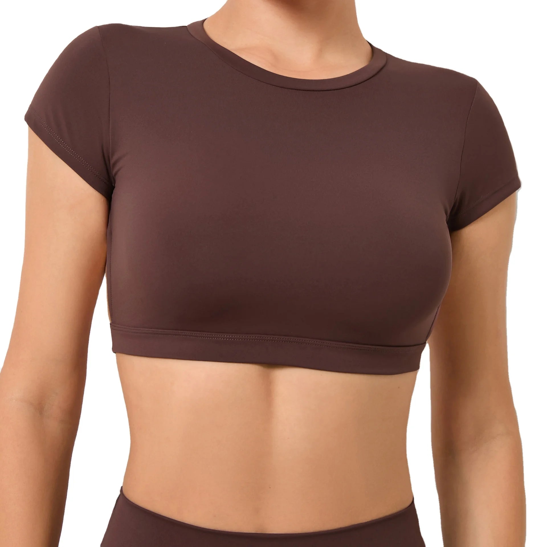 New Women Short Sleeve Soft Compression Open Back Cropped Top Yoga T Shirt Outdoor Running Top
