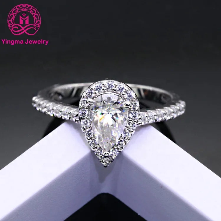 1 Carat Silver Ring Pass Diamond Tester White D Color VVS Eternity Ring Pear Cut Moissanite Ring for Women Wedding Engagement