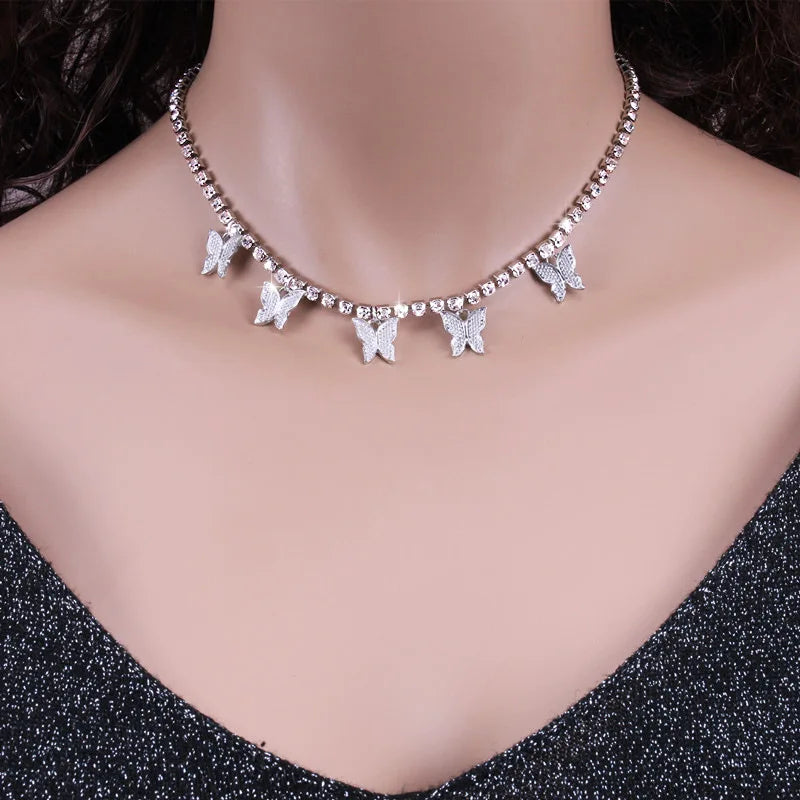Heart Arrow  Tennis Necklace Chain With Luxury Drip Butterfly Charm Choker Bling Hip Hop Women Necklace