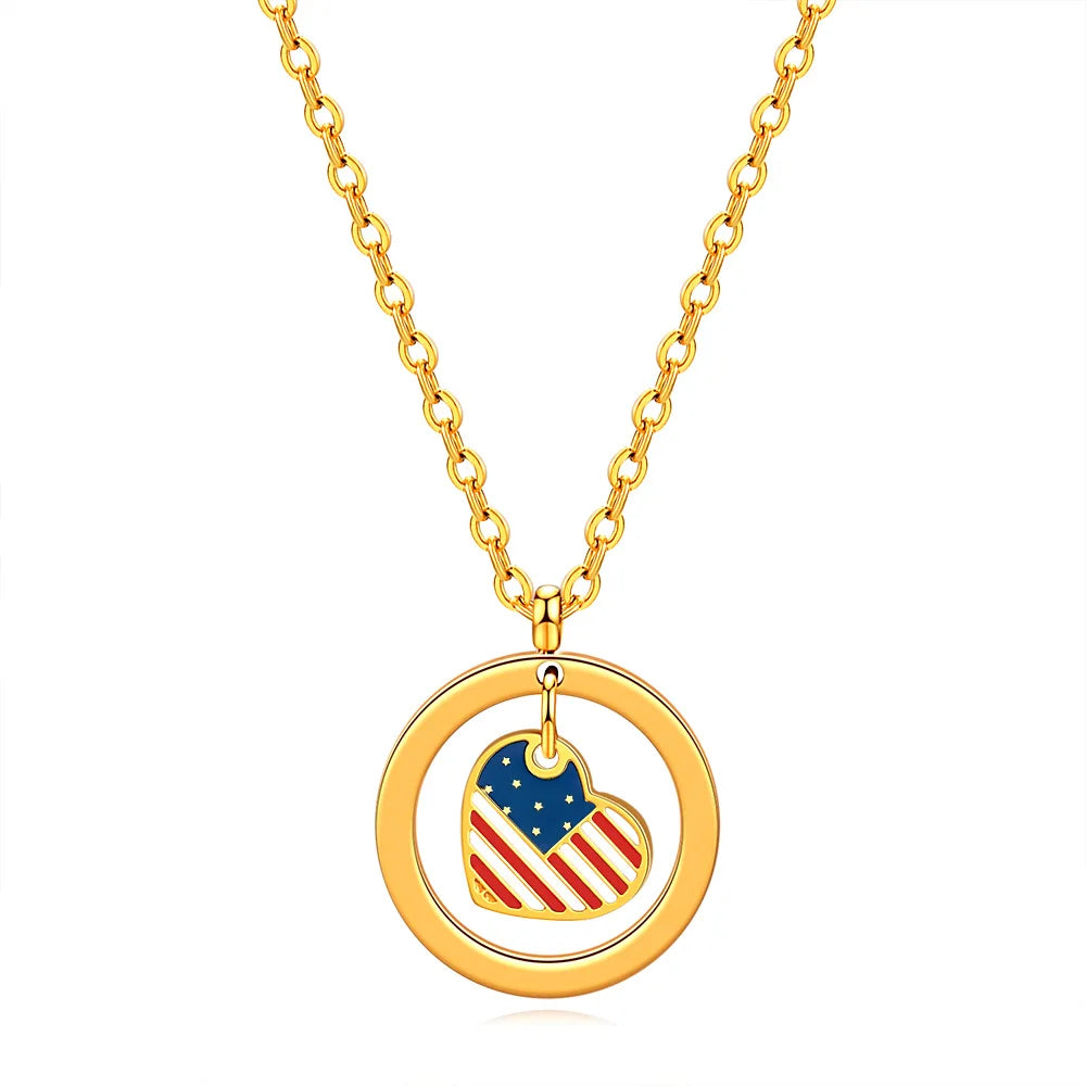 Zgongzhe Trendy 18K Gold Plated Stainless Steel USA Flag Necklace American Independence Day Commemorative Customizable Pendant