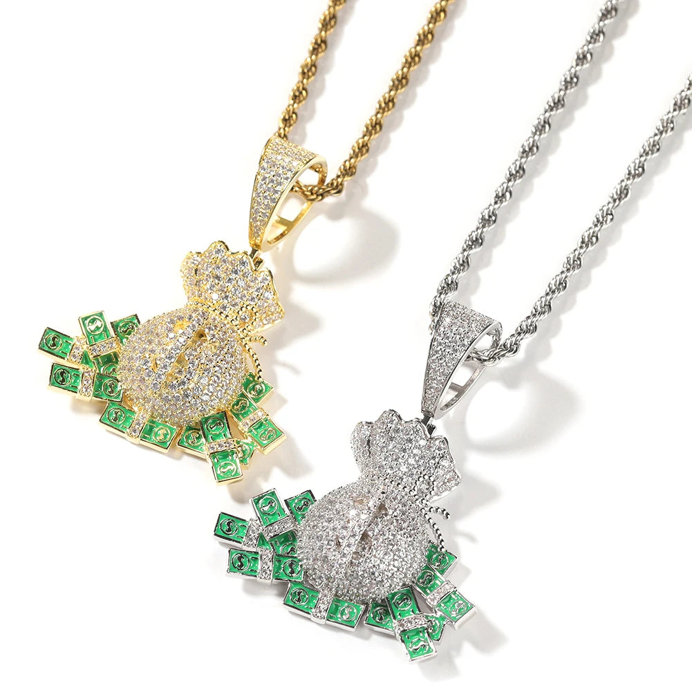 Wholesale Men's Hiphop Brass Iced Pendant Necklace Money Bag Dollar Sign with Zircon Rope Chain for Wedding Occasions